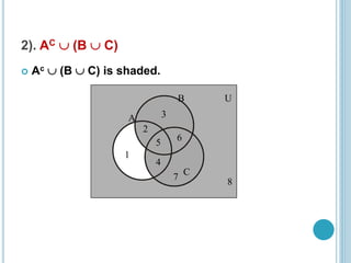 2). AC  (B  C)
 Ac  (B  C) is shaded.
A
B
C
1
3
7
2
4
5 6
U
8
 