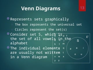 Venn Diagrams
◍ Represents sets graphically
◌ The box represents the universal set
◌ Circles represent the set(s)
◍ Consider set S, which is
the set of all vowels in the
alphabet
◍ The individual elements
are usually not written
in a Venn diagram
13
a e i
o u
b c d f
g h j
k l m
n p q
r s t
v w x
y z
U
S
 