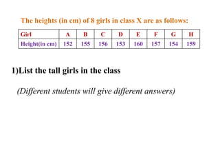 The heights (in cm) of 8 girls in class X are as follows:
Girl A B C D E F G H
Height(in cm) 152 155 156 153 160 157 154 159
1)List the tall girls in the class
(Different students will give different answers)
 
