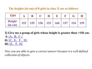 The heights (in cm) of 8 girls in class X are as follows:
Girl A B C D E F G H
Height
(in cm)
152 155 156 153 160 157 154 159
2) Give me a group of girls whose height is greater than >156 cm.
i) {A, B, C }
ii) {C, E, F , H}
iii) {E, F, H}
Now you are able to give a correct answer because it a well defined
collection of objects.
 