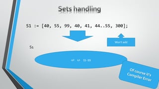 17
S1 := [40, 55, 99, 40, 41, 44..55, 300];
40 41 55..99
Won’t add
S1
 