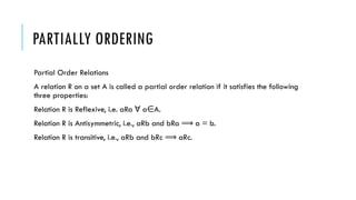 PARTIALLY ORDERING
Partial Order Relations
A relation R on a set A is called a partial order relation if it satisfies the following
three properties:
Relation R is Reflexive, i.e. aRa a A.
∀ ∈
Relation R is Antisymmetric, i.e., aRb and bRa a = b.
⟹
Relation R is transitive, i.e., aRb and bRc aRc.
⟹
 