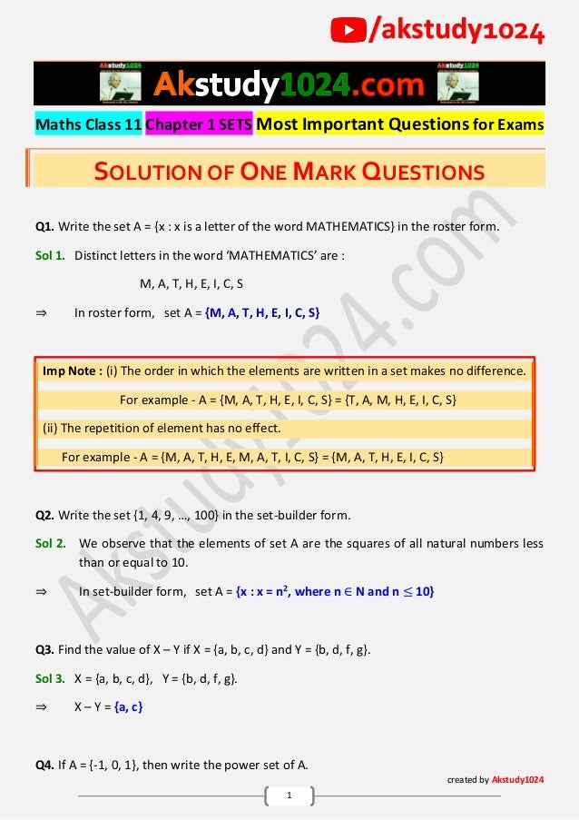 Important Questions Class 11 Chapter 1 Sets