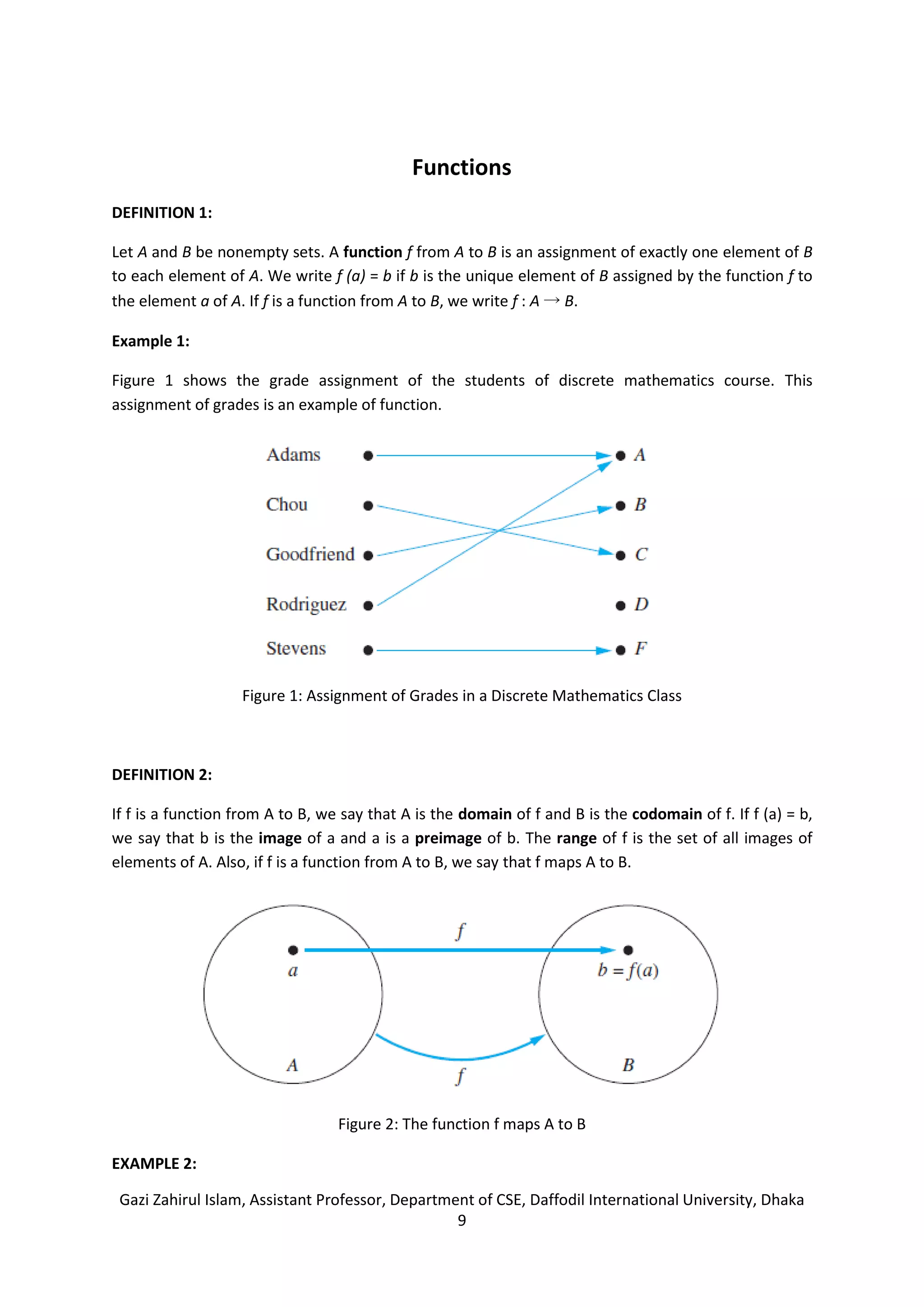 Gazi Zahirul Islam, Assistant Professor, Department of CSE, Daffodil International University, Dhaka
9
Functions
DEFINITION 1:
Let A and B be nonempty sets. A function f from A to B is an assignment of exactly one element of B
to each element of A. We write f (a) = b if b is the unique element of B assigned by the function f to
the element a of A. If f is a function from A to B, we write f : A → B.
Example 1:
Figure 1 shows the grade assignment of the students of discrete mathematics course. This
assignment of grades is an example of function.
Figure 1: Assignment of Grades in a Discrete Mathematics Class
DEFINITION 2:
If f is a function from A to B, we say that A is the domain of f and B is the codomain of f. If f (a) = b,
we say that b is the image of a and a is a preimage of b. The range of f is the set of all images of
elements of A. Also, if f is a function from A to B, we say that f maps A to B.
Figure 2: The function f maps A to B
EXAMPLE 2:
 
