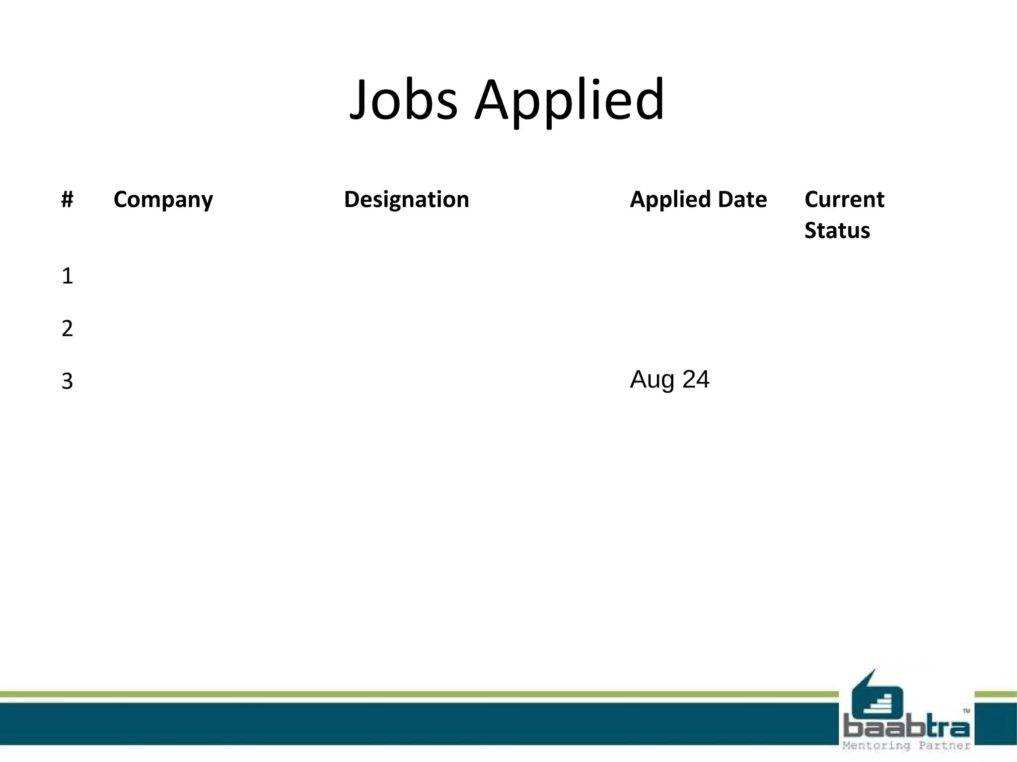 Jobs Applied
#

Company

Designation

Applied Date

1
2
3

Aug 24

Current
Status

 