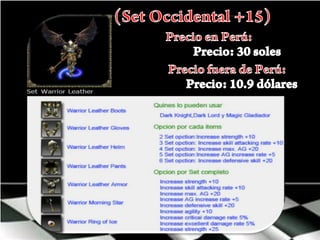 (Set Occidental +15)Precio en Perú:Precio: 30 solesPrecio fuera de Perú:Precio: 10.9 dólares 