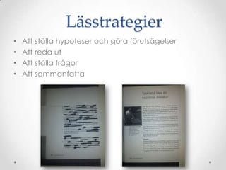 Lässtrategier
•   Att ställa hypoteser och göra förutsägelser
•   Att reda ut
•   Att ställa frågor
•   Att sammanfatta
 