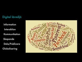 Digital lärmiljö
Interaktion
Information
Skapande
Dela/Publicera
Kommunikation
Globalisering
 