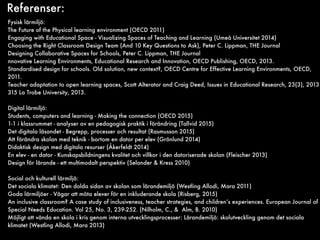 Referenser:
Fysisk lärmiljö:
The Future of the Physical learning environment (OECD 2011)
Engaging with Educational Space - Visualizing Spaces of Teaching and Learning (Umeå Universitet 2014)
Choosing the Right Classroom Design Team (And 10 Key Questions to Ask), Peter C. Lippman, THE Journal
Designing Collaborative Spaces for Schools, Peter C. Lippman, THE Journal
nnovative Learning Environments, Educational Research and Innovation, OECD Publishing, OECD, 2013.
Standardised design for schools. Old solution, new context?, OECD Centre for Effective Learning Environments, OECD,
2011.
Teacher adaptation to open learning spaces, Scott Alterator and Craig Deed, Issues in Educational Research, 23(3), 2013
315 La Trobe University, 2013.
Digital lärmiljö:
Students, computers and learning - Making the connection (OECD 2015)
1-1 i klassrummet - analyser av en pedagogisk praktik i förändring (Tallvid 2015)
Det digitala läsandet - Begrepp, processer och resultat (Rasmusson 2015)
Att förändra skolan med teknik - bortom en dator per elev (Grönlund 2014)
Didaktisk design med digitala resurser (Åkerfeldt 2014)
En elev - en dator - Kunskapsbildningens kvalitet och villkor i den datoriserade skolan (Fleischer 2013)
Design för lärande - ett multimodalt perspektiv (Selander & Kress 2010)
Social och kulturell lärmiljö:
Det sociala klimatet: Den dolda sidan av skolan som lärandemiljö (Westling Allodi, Mara 2011)
Goda lärmiljöer - Vägar att möta elever för en inkluderande skola (Risberg, 2015)
An inclusive classroom? A case study of inclusiveness, teacher strategies, and children’s experiences. European Journal of
Special Needs Education. Vol 25, No. 3, 239-252. (Nilholm, C., & Alm, B. 2010)
Möjligt att vända en skola i kris genom interna utvecklingsprocesser: Lärandemiljö: skolutveckling genom det sociala
klimatet (Westling Allodi, Mara 2013)
 