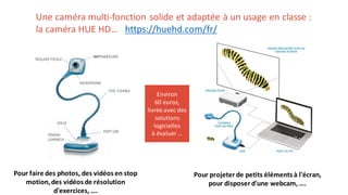 Une caméra multi-fonction solide et adaptée à un usage en classe :
la caméra HUE HD… https://huehd.com/fr/
Pour faire des photos, des vidéos en stop
motion,des vidéos de résolution
d'exercices, ….
Pour projeter de petits éléments à l'écran,
pour disposer d'une webcam, ….
Environ
60 euros,
livrée avec des
solutions
logicielles
à évaluer ...
 