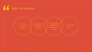 “Table des matières
2. La place de
la vidéo dans
le cours
1. Notre
contexte de
travail
3. Les activités
engageantes
associées à une
vidéo
4. A vous de
jouer ...
 