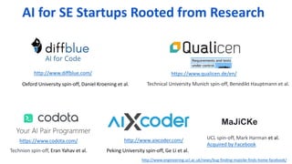 AI for SE Startups Rooted from Research
http://www.diffblue.com/
Oxford University spin-off, Daniel Kroening et al.
Peking University spin-off, Ge Li et al.
https://www.codota.com/
Technion spin-off, Eran Yahav et al.
Technical University Munich spin-off, Benedikt Hauptmann et al.
https://www.qualicen.de/en/
http://www.aixcoder.com/
MaJiCKe
UCL spin-off, Mark Harman et al.
Acquired by Facebook
http://www.engineering.ucl.ac.uk/news/bug-finding-majicke-finds-home-facebook/
 