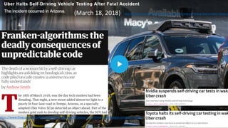 (March 18, 2018) http://fortune.com/2018/03/19/uber-halts-self-driving-car-testing-fatal-accident-tempe-a
https://www.theguardian.com/technology/2018/aug/29/coding-algorithms-frankenalgos-program-danger
 
