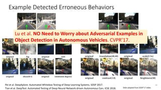 Example Detected Erroneous Behaviors
Turn rightGo straight
39
Go straight Turn left
Pei et al. DeepXplore: Automated Whitebox Testing of Deep Learning Systems. SOSP 2017.
Tian et al. DeepTest: Automated Testing of Deep-Neural-Network-driven Autonomous Cars. ICSE 2018. Slide adapted from SOSP’17 slides
Lu et al. NO Need to Worry about Adversarial Examples in
Object Detection in Autonomous Vehicles. CVPR’17.
 