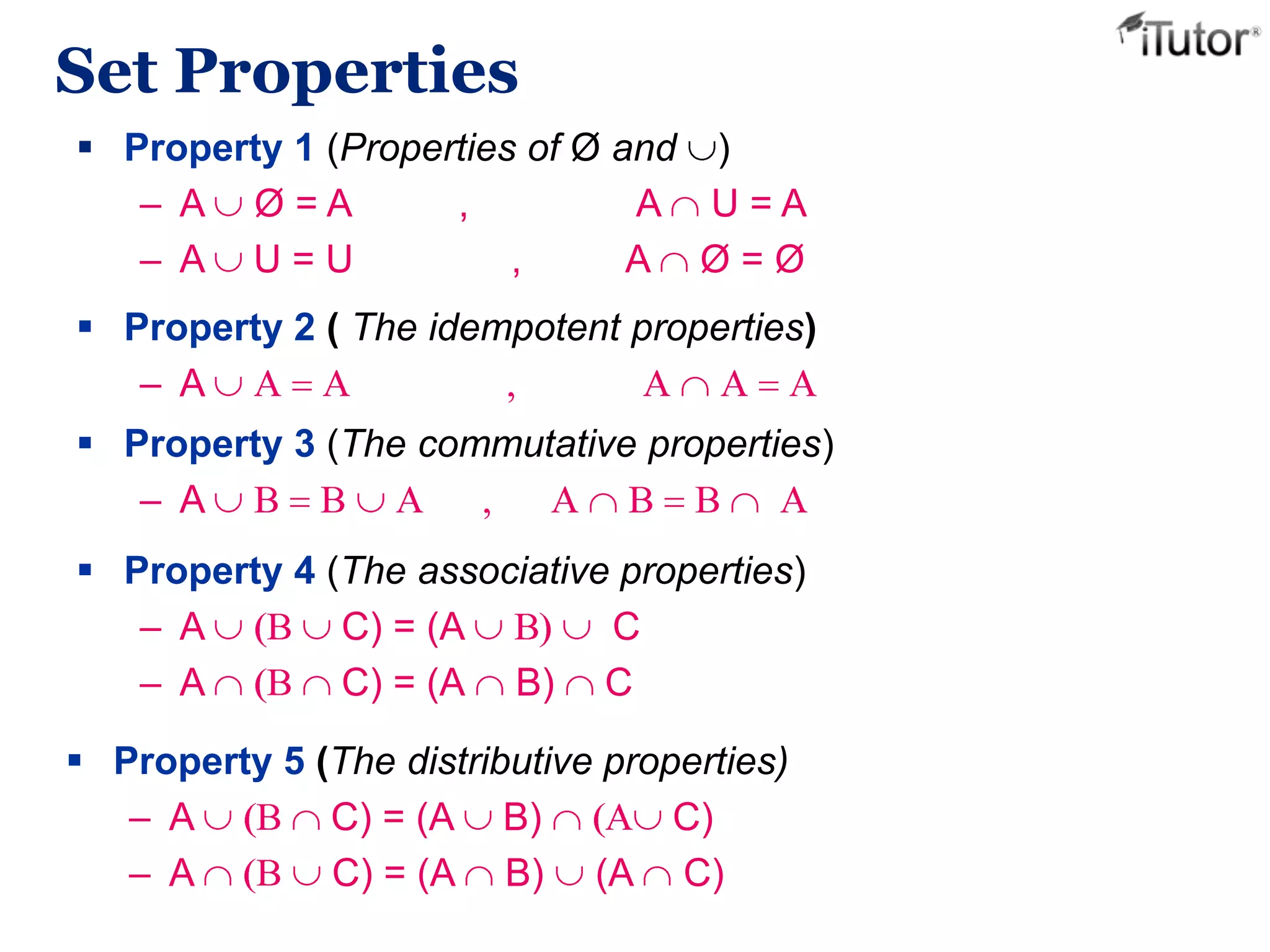 Set Properties
 Property 1 (Properties of Ø and )
– A Ø = A , A U = A
– A U = U , A Ø = Ø
 Property 2 ( The idempotent properties)
– A
 Property 3 (The commutative properties)
– A
 Property 4 (The associative properties)
– A C) = (A C
– A C) = (A B) C
 Property 5 (The distributive properties)
– A C) = (A B) C)
– A C) = (A B) (A C)
 