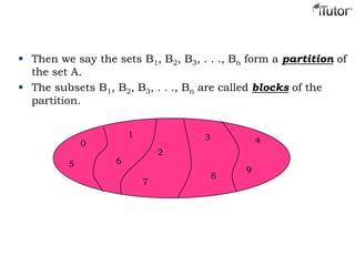  Then we say the sets B1, B2, B3, . . ., Bn form a partition of
the set A.
 The subsets B1, B2, B3, . . ., Bn are called blocks of the
partition.
0
1
7
2
3
8
9
4
65
 