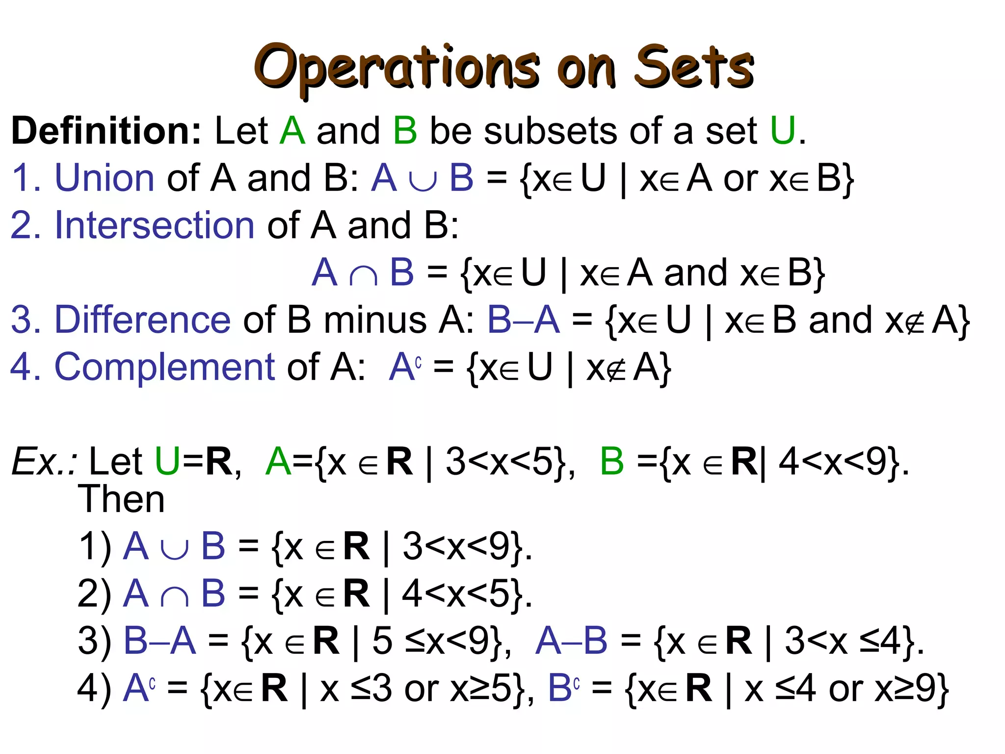 Operations on SetsOperations on Sets
Definition: Let A and B be subsets of a set U.
1. Union of A and B: A ∪ B = {x∈U | x∈A or x∈B}
2. Intersection of A and B:
A ∩ B = {x∈U | x∈A and x∈B}
3. Difference of B minus A: B−A = {x∈U | x∈B and x∉A}
4. Complement of A: Ac
= {x∈U | x∉A}
Ex.: Let U=R, A={x ∈R | 3<x<5}, B ={x ∈R| 4<x<9}.
Then
1) A ∪ B = {x ∈R | 3<x<9}.
2) A ∩ B = {x ∈R | 4<x<5}.
3) B−A = {x ∈R | 5 ≤x<9}, A−B = {x ∈R | 3<x ≤4}.
4) Ac
= {x∈R | x ≤3 or x≥5}, Bc
= {x∈R | x ≤4 or x≥9}
 