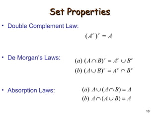 10
Set PropertiesSet Properties
• Double Complement Law:
• De Morgan’s Laws:
• Absorption Laws:
AA cc
=)(
ccc
ccc
BABAb
BABAa
∩=∪
∪=∩
)()(
)()(
ABAAb
ABAAa
=∪∩
=∩∪
)()(
)()(
 