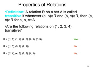 27
Properties of Relations
•Definition: A relation R on a set A is called
transitive if whenever (a, b)∈R and (b, c)∈R, then (a,
c)∈R for a, b, c∈A.
•Are the following relations on {1, 2, 3, 4}
transitive?
R = {(1, 1), (1, 2), (2, 2), (2, 1), (3, 3)}R = {(1, 1), (1, 2), (2, 2), (2, 1), (3, 3)} Yes.Yes.
R = {(1, 3), (3, 2), (2, 1)}R = {(1, 3), (3, 2), (2, 1)} No.No.
R = {(2, 4), (4, 3), (2, 3), (4, 1)}R = {(2, 4), (4, 3), (2, 3), (4, 1)} No.No.
 