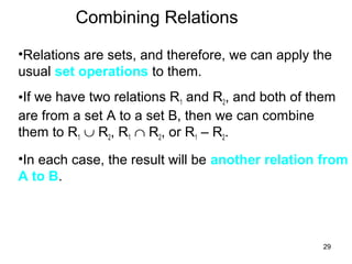 29
Combining Relations
•Relations are sets, and therefore, we can apply the
usual set operations to them.
•If we have two relations R1 and R2, and both of them
are from a set A to a set B, then we can combine
them to R1 ∪ R2, R1 ∩ R2, or R1 – R2.
•In each case, the result will be another relation from
A to B.
 