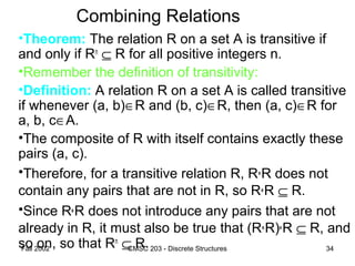 Fall 2002 CMSC 203 - Discrete Structures 34
Combining Relations
•Theorem: The relation R on a set A is transitive if
and only if Rn
⊆ R for all positive integers n.
•Remember the definition of transitivity:
•Definition: A relation R on a set A is called transitive
if whenever (a, b)∈R and (b, c)∈R, then (a, c)∈R for
a, b, c∈A.
•The composite of R with itself contains exactly these
pairs (a, c).
•Therefore, for a transitive relation R, R°R does not
contain any pairs that are not in R, so R°R ⊆ R.
•Since R°R does not introduce any pairs that are not
already in R, it must also be true that (R°R)°R ⊆ R, and
so on, so that Rn
⊆ R.
 