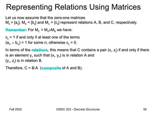Fall 2002 CMSC 203 - Discrete Structures 56
Representing Relations Using Matrices
Let us now assume that the zero-one matricesLet us now assume that the zero-one matrices
MMAA = [a= [aijij], M], MBB = [b= [bijij] and M] and MCC = [c= [cijij] represent relations A, B, and C, respectively.] represent relations A, B, and C, respectively.
Remember:Remember: For MFor MCC = M= MAAοοMMBB we have:we have:
ccijij = 1 if and only if at least one of the terms= 1 if and only if at least one of the terms
(a(ainin ∧∧ bbnjnj) = 1 for some n; otherwise c) = 1 for some n; otherwise cijij = 0.= 0.
In terms of theIn terms of the relationsrelations, this means that C contains a pair (x, this means that C contains a pair (xii, z, zjj) if and only if there) if and only if there
is an element yis an element ynn such that (xsuch that (xii, y, ynn) is in relation A and) is in relation A and
(y(ynn, z, zjj) is in relation B.) is in relation B.
Therefore, C = BTherefore, C = B°°A (A (compositecomposite of A and B).of A and B).
 