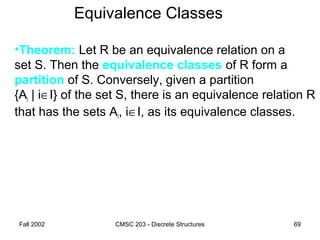 Fall 2002 CMSC 203 - Discrete Structures 69
Equivalence Classes
•Theorem: Let R be an equivalence relation on a
set S. Then the equivalence classes of R form a
partition of S. Conversely, given a partition
{Ai | i∈I} of the set S, there is an equivalence relation R
that has the sets Ai, i∈I, as its equivalence classes.
 