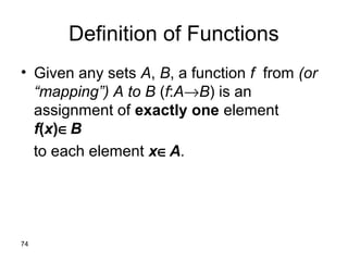 74
Definition of Functions
• Given any sets A, B, a function f from (or
“mapping”) A to B (f:A→B) is an
assignment of exactly one element
f(x)∈B
to each element x∈A.
 