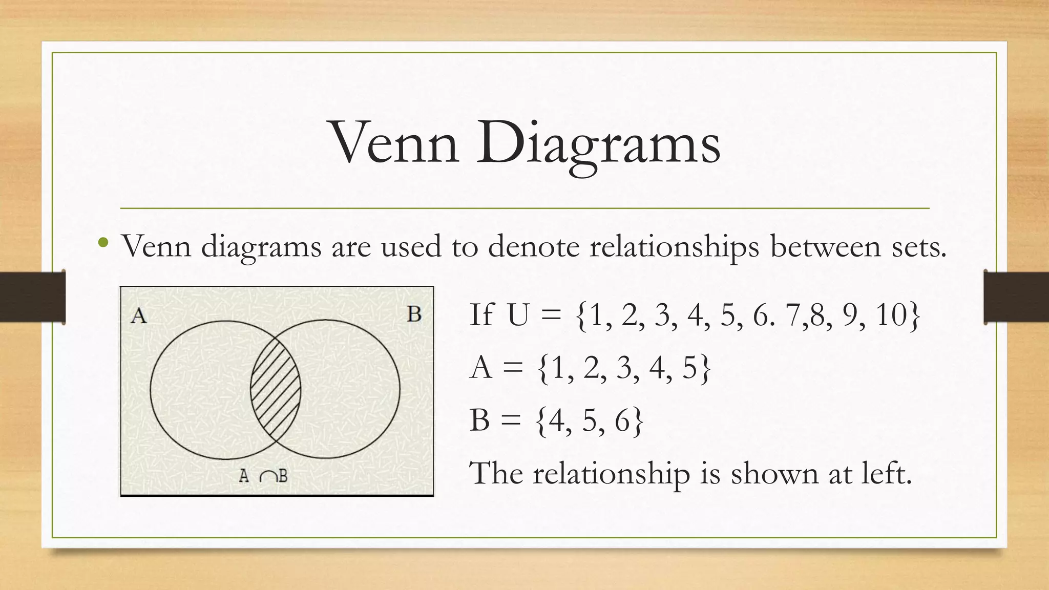 Venn Diagrams
• Venn diagrams are used to denote relationships between sets.
If U = {1, 2, 3, 4, 5, 6. 7,8, 9, 10}
A = {1, 2, 3, 4, 5}
B = {4, 5, 6}
The relationship is shown at left.
 