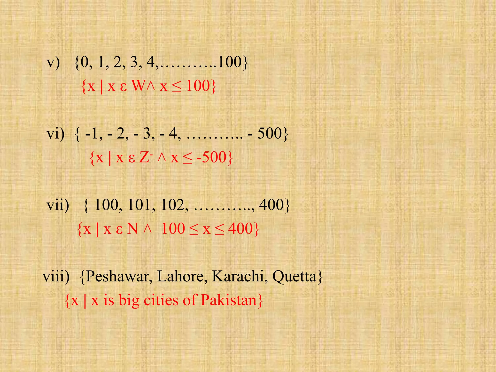 v) {0, 1, 2, 3, 4,………..100}
{x | x ε W˄ x ≤ 100}
vi) { -1, - 2, - 3, - 4, ……….. - 500}
{x | x ε Z- ˄ x ≤ -500}
vii) { 100, 101, 102, ……….., 400}
{x | x ε N ˄ 100 ≤ x ≤ 400}
viii) {Peshawar, Lahore, Karachi, Quetta}
{x | x is big cities of Pakistan}
 