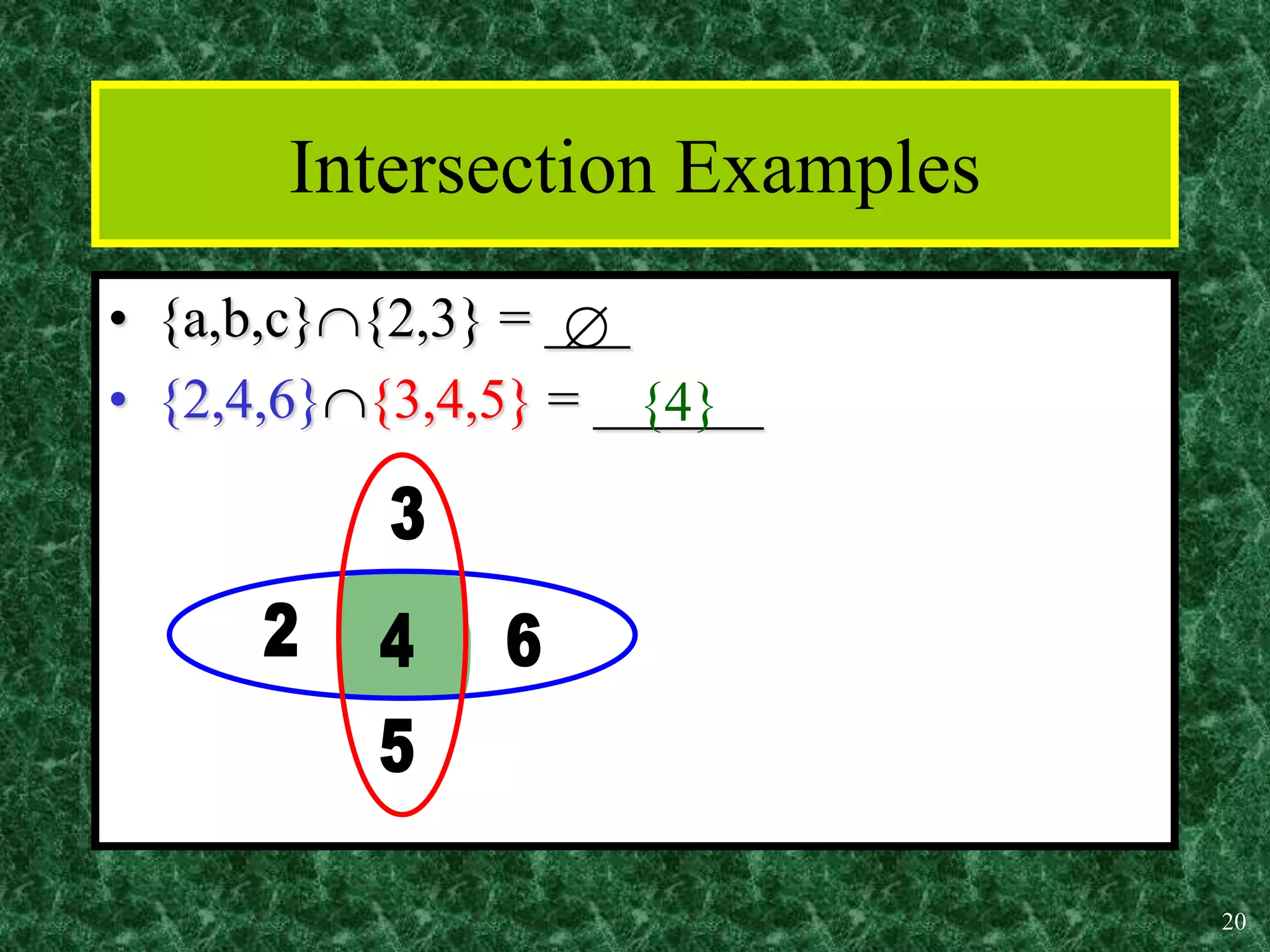 20
• {a,b,c}{2,3} = ___
• {2,4,6}{3,4,5} = ______
Intersection Examples

{4}
 