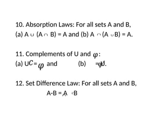 10. Absorption Laws: For all sets A and B,
(a) A (A B) = A and (b) A (A B) = A.
11. Complements of U and :
(a) U = and (b) = U.
12. Set Difference Law: For all sets A and B,
A-B = A B
𝑐 𝜑 𝜑𝑐
∩
c
∪ ∩ ∩ ∪
𝜑
 
