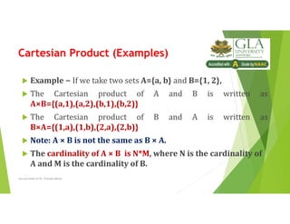 Cartesian Product (Examples)
 Example − If we take two sets A={a, b} and B={1, 2},
 The Cartesian product of A and B is written as
A×B={(a,1),(a,2),(b,1),(b,2)}
 The Cartesian product of B and A is written as
B×A={(1,a),(1,b),(2,a),(2,b)}
 Note: A × B is not the same as B × A.
 The cardinality of A × B is N*M, where N is the cardinality of
A and M is the cardinality of B.
Lecture Notes of Dr. Praveen Mittal
 