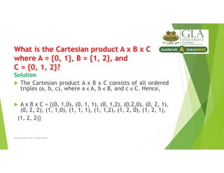 What is the Cartesian product A x B x C
where A = {0, 1}, B = {1, 2}, and
C = {0, 1, 2}?
Solution
 The Cartesian product A x B x C consists of all ordered
triples (a, b, c), where a ϵ A, b ϵ B, and c ϵ C. Hence,
 A x B x C = {(0, 1,0), (0, 1, 1), (0, 1,2), (0,2,0), (0, 2, 1),
(0, 2, 2), (1, 1,0), (1, 1, 1), (1, 1,2), (1, 2, 0), (1, 2, 1),
(1, 2, 2)}
Lecture Notes of Dr. Praveen Mittal
 