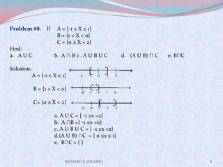 RICHARD B. PAULINO6Problem #8.    If     A = {-1 ≤ X ≤ 1}B = {1 < X < 0}C = {0 ≤ X < 2}Find:A U C	b.  A ∩ B	c . A U B U C	d.   (A U B) ∩ C       e. B∩CSolution:	A = {-1 ≤ X ≤ 1}	 B = {1 < X < 0} C= {0 ≤ X < 2} 		a. A U C = { -1 ≤x <2} 		b.  A ∩B ={ -1 ≤x <0}		c. A U B U C = { -1 ≤x <2} 		d.(A U B) ∩C  = { 0 ≤x ≤ 1} 		e.  B∩C = { } 