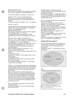 d) i) The statement is true.
ii) Converse: If a number can be expressed as a fraction,
then it can be expressed as a terminating decimal.
The converse is false. For example, - , written as a
decimal, is 0.333... This is a repeating decimal.
iii) Inverse: If a number cannot be expressed as a
terminating decimal then it cannot be expressed as a
fraction.
The inverse is false. For example, 0.333... is a repeating
decimal. It is also — .
3
iv) Contrapositive: I f a number cannot be expressed as a
fraction, then it cannot be expressed as a terminating
decimal. The contrapositive is true.
e) i) This statement is true
ii) Converse: If a graph is a parabola, then the equation
of this parabola is f{x) = 5x^ + 10x + 3.
This statement is false, because there are many
parabolas that do not have that equation, such as f(x) =
iii) Inverse: If the equation of a function is not
f(x) = 5x^ + 10x + 3, then its graph is not a parabola.
This statement is false. For example, a function can have
the equation f{x) = x^, yet it is a parabola.
iv) Contrapositive: If a graph is not a parabola, then the
equation of this parabola is not f(x) = 5x^ + lOx + 3.
This statement is true, because only a parabola can
have that equation.
f) i) This statement is false. For example, - 1 is an
integer, but not a whole number.
ii) Converse: If a number is a whole number, than it is an
integer.
This statement is true,
iii) Inverse: If a number is not an integer, than it is not a
whole number.
This statement is true.
iv) Contrapositive: If a number is not a whole number,
than it is not an integer.
This statement is false, for example - 1 is not a whole
number, but it is an integer.
13. a) e.g.. The contrapositive a s s u m e s as its hypothesis
that the original conclusion is false, which m e a n s that the
onginal hypothesis must also not be true. If the onginal
hypothesis is not true, then the conditional statement
must be false.
b) e.g., The converse of a conditional statement is
formed by stating the conclusion before the hypothesis.
The inverse is formed by negating the hypothesis and
conclusion of a conditional statement. Since negating
both parts of the statement is the same as reversing
them, the converse and inverse are logically equivalent.
The inverse of a statement is the contrapositive of the
statement's converse.
14. e.g., a) Conditional statement: If you are tall, then
you like chocolate.
Contrapositive statement: If you do not like chocolate,
then you are not tall.
Counterexample: I a m tall and do not like
chocolate. Both the conditional statement and the
contrapositive are false.
b) Conditional statement: If a traffic light is green, it
is not red. Contrapositive: If a traffic light is red, it is
not green. Both the conditional statement and the
contrapositive are true.
15. e.g., a) Conditional statement: If it is Saturday,
then it is the w e e k e n d .
Inverse: If it is not Saturday, then it is not the
w e e k e n d . The inverse is false. Counterexample: it
could be Sunday and be the w e e k e n d .
Converse: If it is the w e e k e n d , then it is Saturday.
The converse is false. Counterexample: it could be
the w e e k e n d and be Sunday.
b) Conditional statement: If a polygon has six
sides, then it is a hexagon.
Inverse: If a polygon does not have six sides, then
it is not a hexagon. The inverse is true by
definition.
Converse: If a polygon is a hexagon, then it has six
sides. The converse is true by definition.
C h a p t e r S e l f - T e s t , p a g e 2 1 7
1. Let L/ represent the universal set of writers. Let
P represent the set of poets. Let N represent the
set of novelists, and let F represent the set of
fiction whters.
Subset fiction writer, F = {Armand Ruffo, Richard
Van C a m p }
p i s i l ^ ^ M f l ^ l l i i i M
A j i n . i n d Rijfi;:
f;< b.-iid V.ui ,inip
2 ^
} 14 1 1- 17 •. 1^ -• 21 22. • : 24 i )
Set C is inside set A, therefore C czA.
b)A = { 1 , 2, 3, 4, 5, 6, 7, 8, 9, 10, 1 1 , 12}
B = { 1 , 2 , 3 , 4 , 5, 6, 7, 8}
A u e = { 1 , 2 , 3, 4, 5, 6, 7 , 8 , 9, 10, 1 1 , 12}
F o u n d a t i o n s of Mathematics 12 S o l u t i o n s Manual 3-17
 