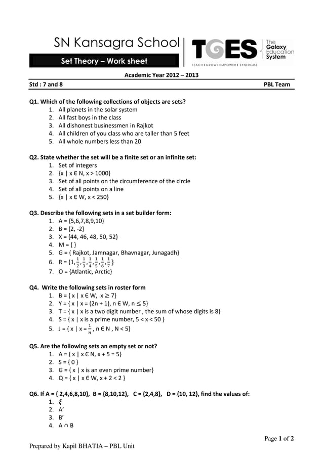 SN Kansagra School Set Theory Worksheet PDF