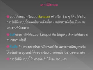 แบบโต๊ะกลม หรือแบบ Banquet หรือเรียกง่าย ๆ ก็คือ โต๊ะจีน
การจัดโต๊ะแบบนี้มักพบในงานจัดเลี้ยง งานสังสรรค์หรือแม้แต่งาน
แต่งงานที่นิยมมาก
ข้อดีของการจัดโต๊ะแบบ Banquet คือ ได้พูดคุย สังสรรค์กันอย่าง
สนุกสนานเต็มที่
ข้อเสีย คือ ความยากในการจัดคนลงโต๊ะ เพราะส่วนใหญ่การจัด
โต๊ะจีนมักระบุแขกนั่งโต๊ะอย่างชัดเจน แต่พอถึงวันงานแขกยกเลิก
การจัดโต๊ะแบบนี้ ไม่ควรจัดเกินโต๊ะละ 8-10 คน
 