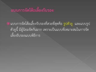 แบบการจัดโต๊ะเลี้ยงรับรองที่สวยที่สุดคือ รูปตัวยู และแบบรูป
ตัวยูนี้ มีผู้นิยมจัดกันมาก เพราะเป็นแบบที่เหมาะสมในการจัด
เลี้ยงรับรองแบบพิธีการ
 