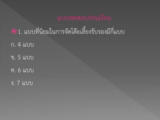1. แบบที่นิยมในการจัดโต๊ะเลี้ยงรับรองมีกี่แบบ
ก. 4 แบบ
ข. 5 แบบ
ค. 6 แบบ
ง. 7 แบบ
 