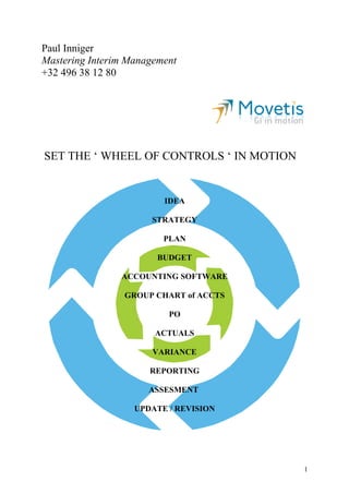 Paul Inniger
Mastering Interim Management
+32 496 38 12 80




SET THE ‘ WHEEL OF CONTROLS ‘ IN MOTION


                         IDEA

                      STRATEGY

                         PLAN

                        BUDGET

                ACCOUNTING SOFTWARE

                 GROUP CHART of ACCTS

                          PO

                       ACTUALS

                       VARIANCE

                      REPORTING

                      ASSESMENT

                   UPDATE / REVISION




                                          1
 