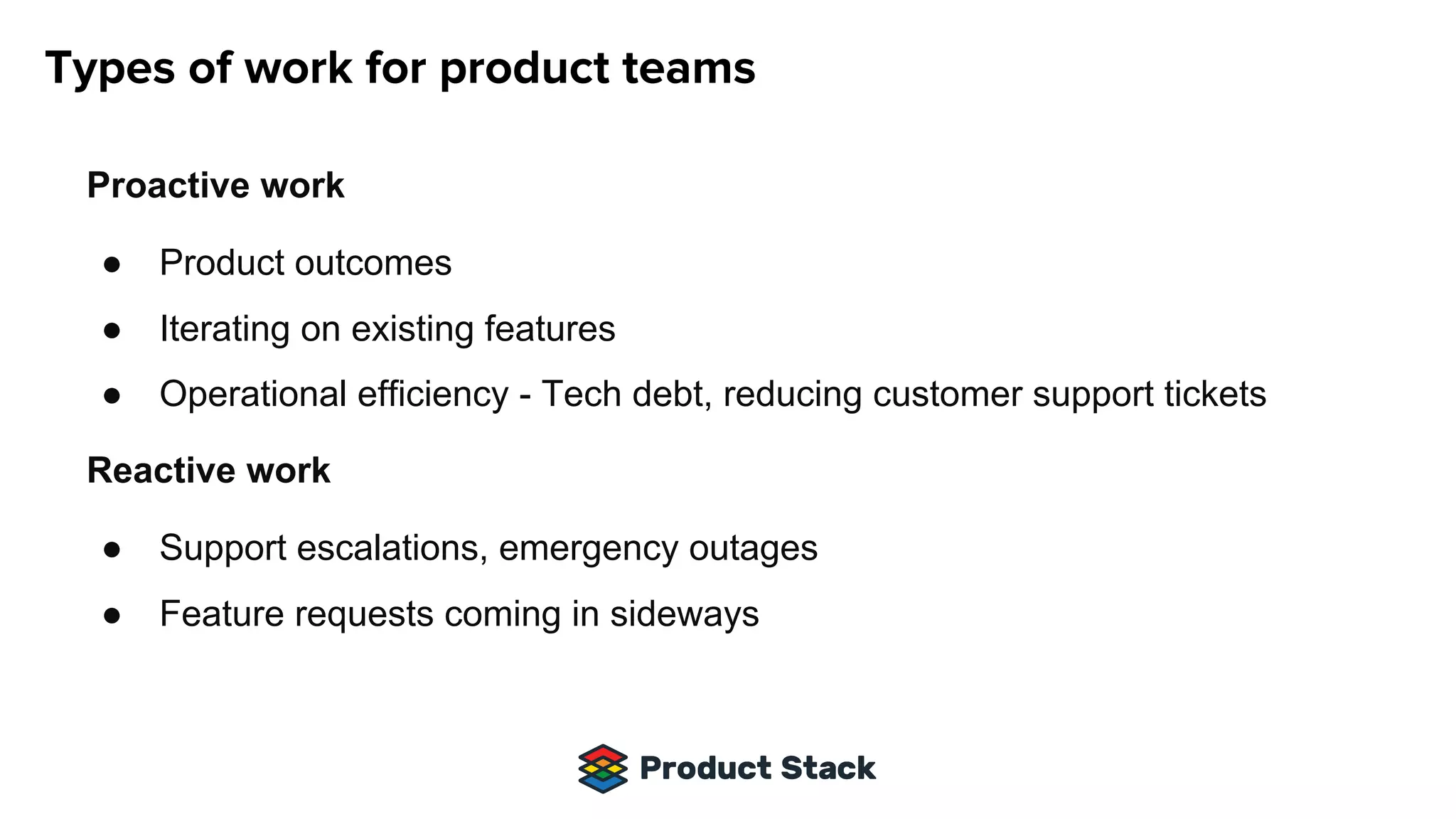Proactive work
● Product outcomes
● Iterating on existing features
● Operational efficiency - Tech debt, reducing customer support tickets
Reactive work
● Support escalations, emergency outages
● Feature requests coming in sideways
 