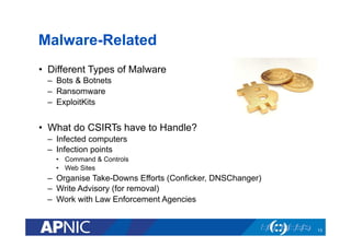 Malware-Related
•  Different Types of Malware
–  Bots & Botnets
–  Ransomware
–  ExploitKits
•  What do CSIRTs have to Handle?
–  Infected computers
–  Infection points
•  Command & Controls
•  Web Sites
–  Organise Take-Downs Efforts (Conficker, DNSChanger)
–  Write Advisory (for removal)
–  Work with Law Enforcement Agencies
13
 