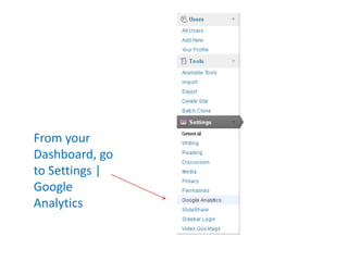 From your
Dashboard, go
to Settings |
Google
Analytics
 