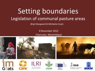 Setting boundaries
Legislation of communal pasture areas
         Birgit Boogaard & Michaela Cosijn

                  8 November 2012
              Vilanculos, Mozambique
 
