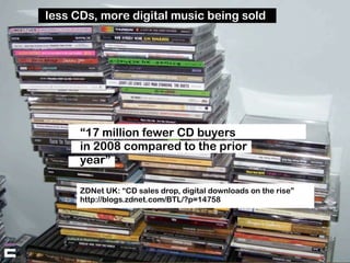 less CDs, more digital music being sold




      “17 million fewer CD buyers
      in 2008 compared to the prior
      ye...