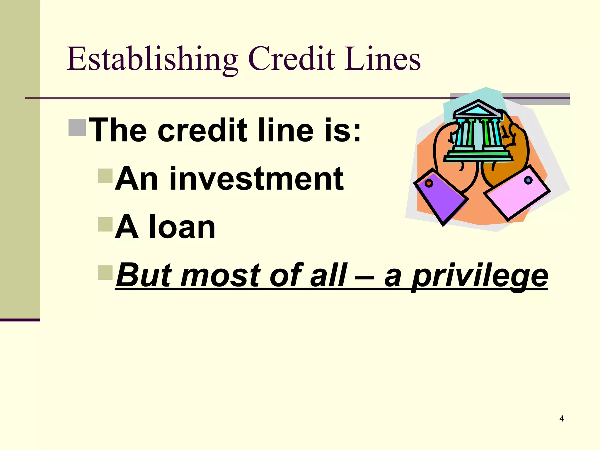 Establishing Credit Lines The credit line is: An investment A loan But most of all – a privilege 