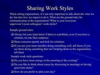 Sharing Work Styles
When setting expectations, it’s not only important to talk about the what we
do, but also how we expect to do it. What are the ground rules for
communication at the organization? What is your own/your
supervisor’s/your colleagues’ work styles?

Sample ground rules:
  Always let your team know if there is a problem, even if you have a
   solution, no one likes surprises
  Share concerns openly and look for solutions
  If you see your team member doing something well, tell them; if you
   see them doing something that isn’t helping them or the organization,
   tell them
 Sample work style questions:
  Do you have more energy in the morning or the evening?
  Do you like to think about issues by discussing in meetings or having
   quiet time alone?
  How do you prefer to plan your day?
 