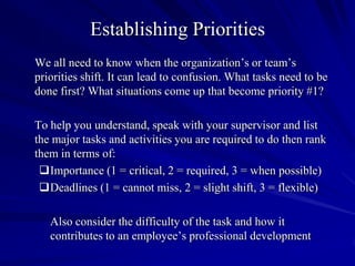 Establishing Priorities
We all need to know when the organization’s or team’s
priorities shift. It can lead to confusion. What tasks need to be
done first? What situations come up that become priority #1?

To help you understand, speak with your supervisor and list
the major tasks and activities you are required to do then rank
them in terms of:
 Importance (1 = critical, 2 = required, 3 = when possible)
 Deadlines (1 = cannot miss, 2 = slight shift, 3 = flexible)

   Also consider the difficulty of the task and how it
   contributes to an employee’s professional development
 