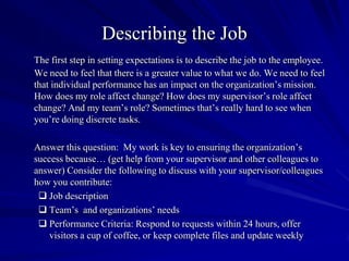 Describing the Job
The first step in setting expectations is to describe the job to the employee.
We need to feel that there is a greater value to what we do. We need to feel
that individual performance has an impact on the organization’s mission.
How does my role affect change? How does my supervisor’s role affect
change? And my team’s role? Sometimes that’s really hard to see when
you’re doing discrete tasks.

Answer this question: My work is key to ensuring the organization’s
success because… (get help from your supervisor and other colleagues to
answer) Consider the following to discuss with your supervisor/colleagues
how you contribute:
  Job description
  Team’s and organizations’ needs
  Performance Criteria: Respond to requests within 24 hours, offer
    visitors a cup of coffee, or keep complete files and update weekly
 